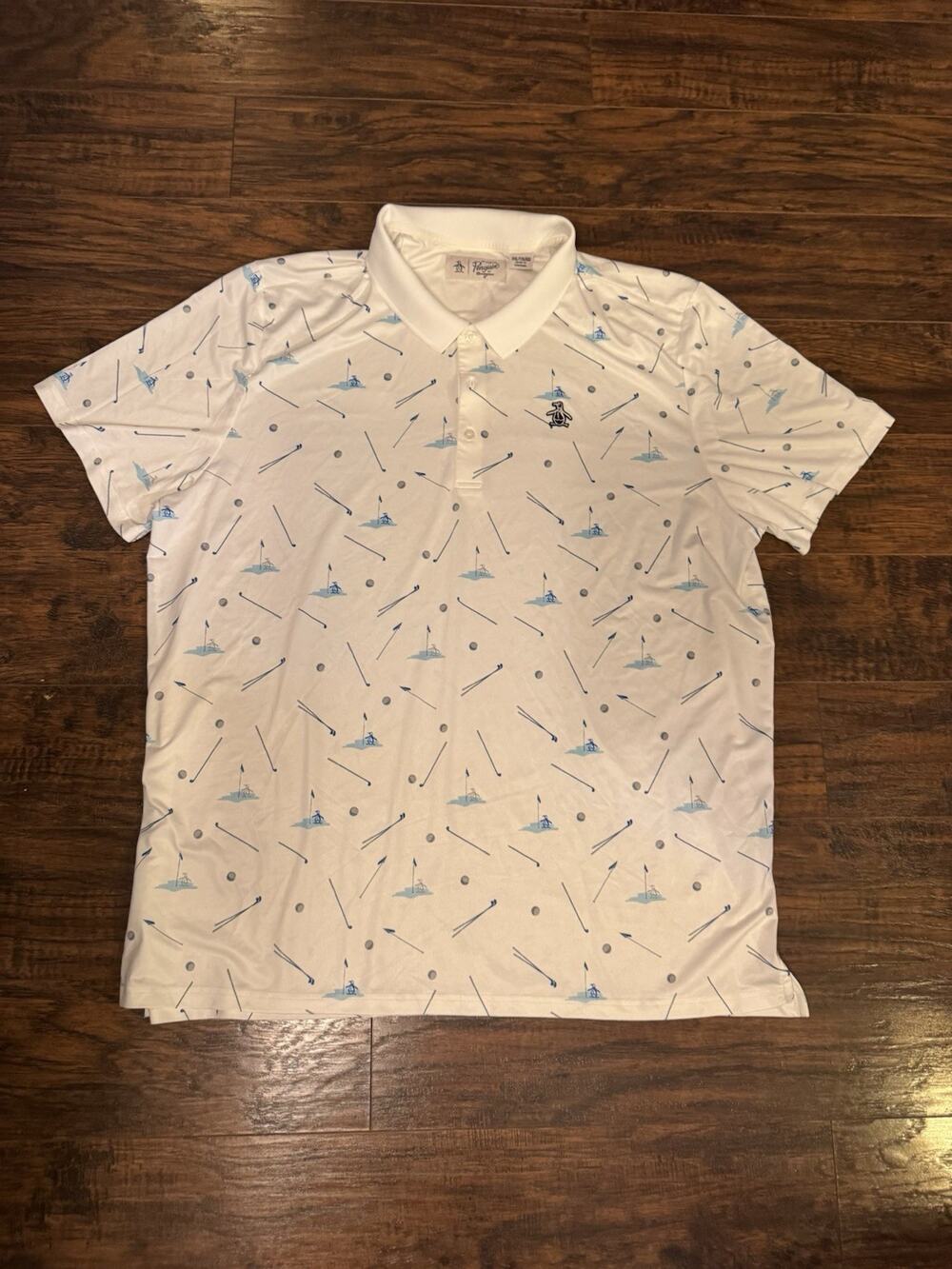 Original Penguin Polo Shirt Men’s White Blue Graphic Print Golf Sz:XXL